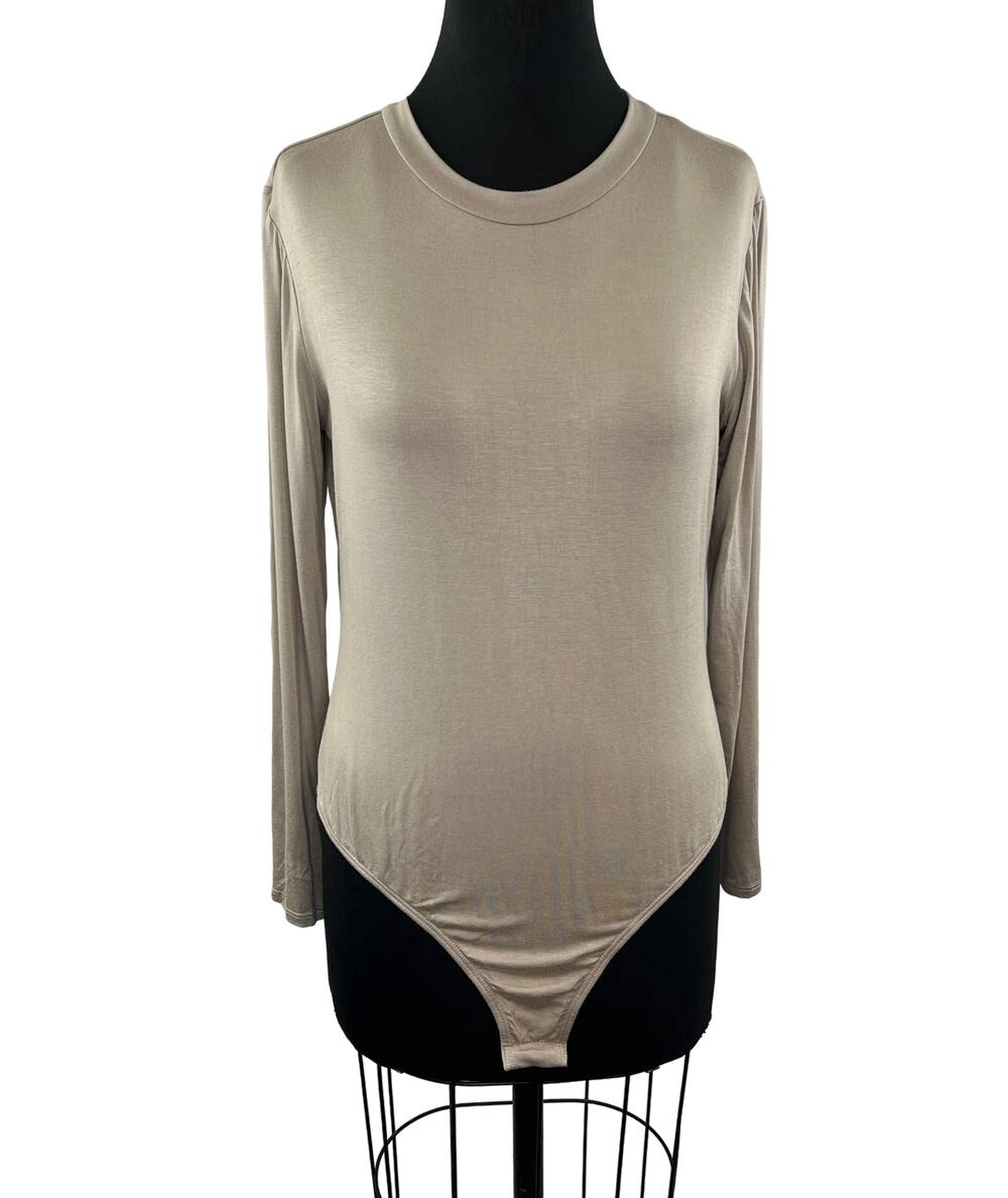 NWT Lulus Beige Long Sleeve Round Neck Satin Feel Stretch Thong Bodysuit Size XL